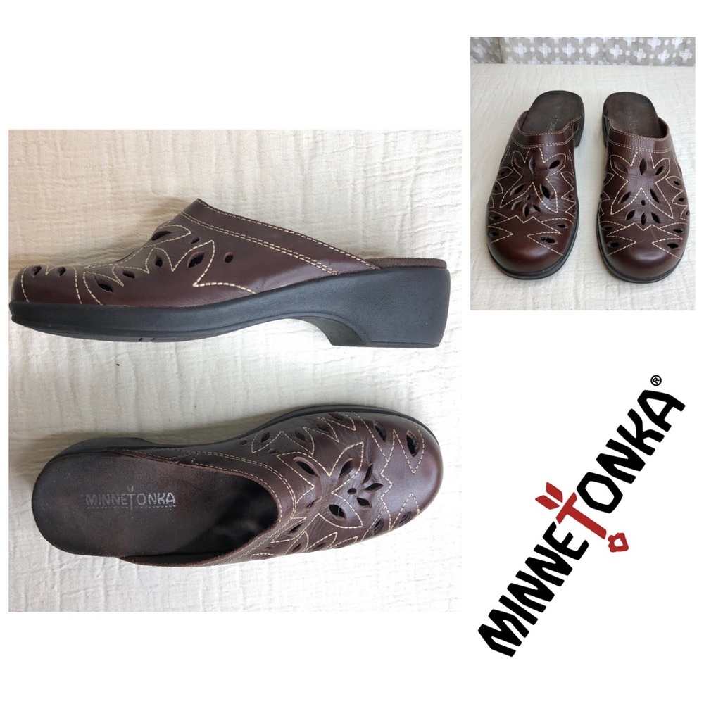 MINNETONKA Brown Black Leather Clog Mule Slides Cutout Slip On Shoes 7